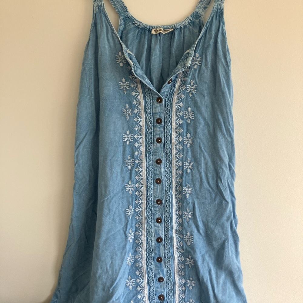 Blue Embroidered Button-Down Denim Dress